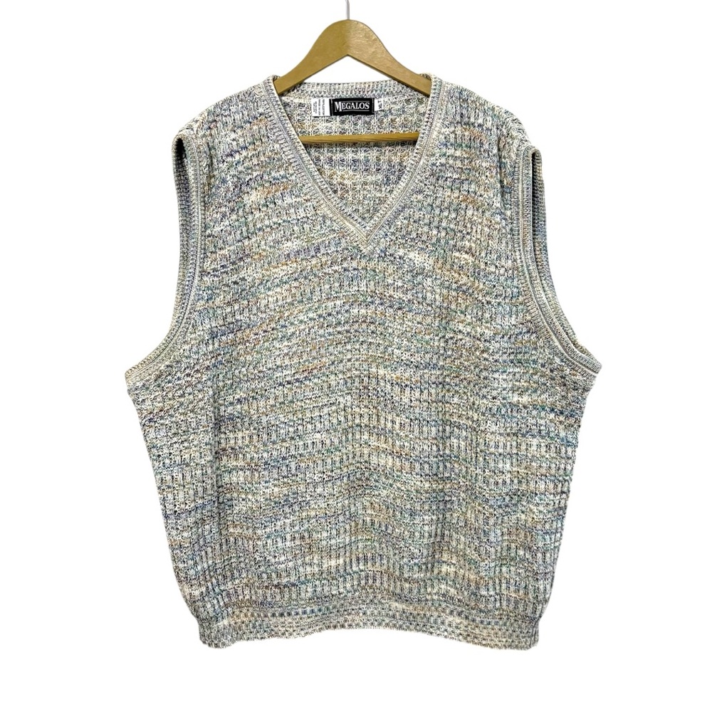Vintage Megalos Size XLT Multicolor Cotton Knit Sweater Vest V Neck Preppy